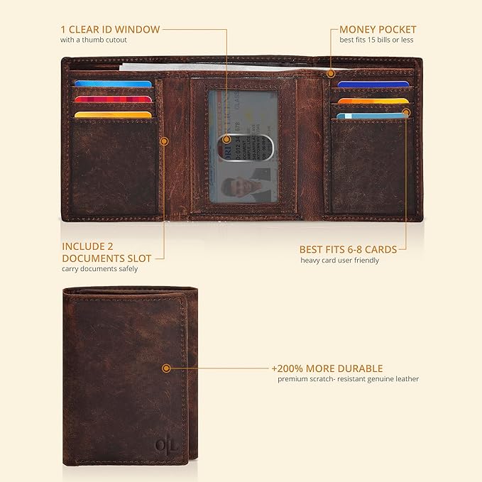 Real Leather Mens Trifold Wallet RFID Blocking Slim Minimalist Front Pocket - Thin & Stylish with ID Window in Gift Box