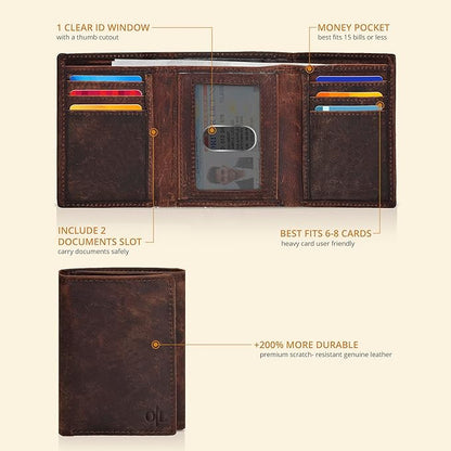 Real Leather Mens Trifold Wallet RFID Blocking Slim Minimalist Front Pocket - Thin & Stylish with ID Window in Gift Box