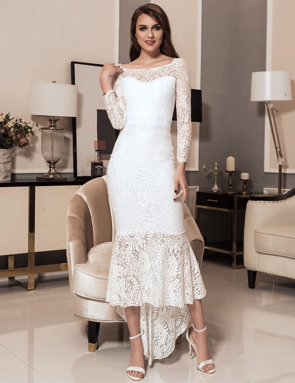 Women Solid Formal Lace Maxi Dress Long Sleeve Off Shoulder Elegant Party Gown Mermaid Dress size no