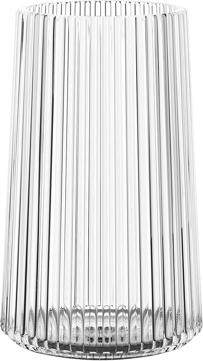 Clear Glass Vase for Flower, Flower Vase for Bouquet, Modern Glass Vases, Ribbed Vases for Living Room, Bedroom, Dining Table, Office, Wedding, Centerpieces, 8 Inches