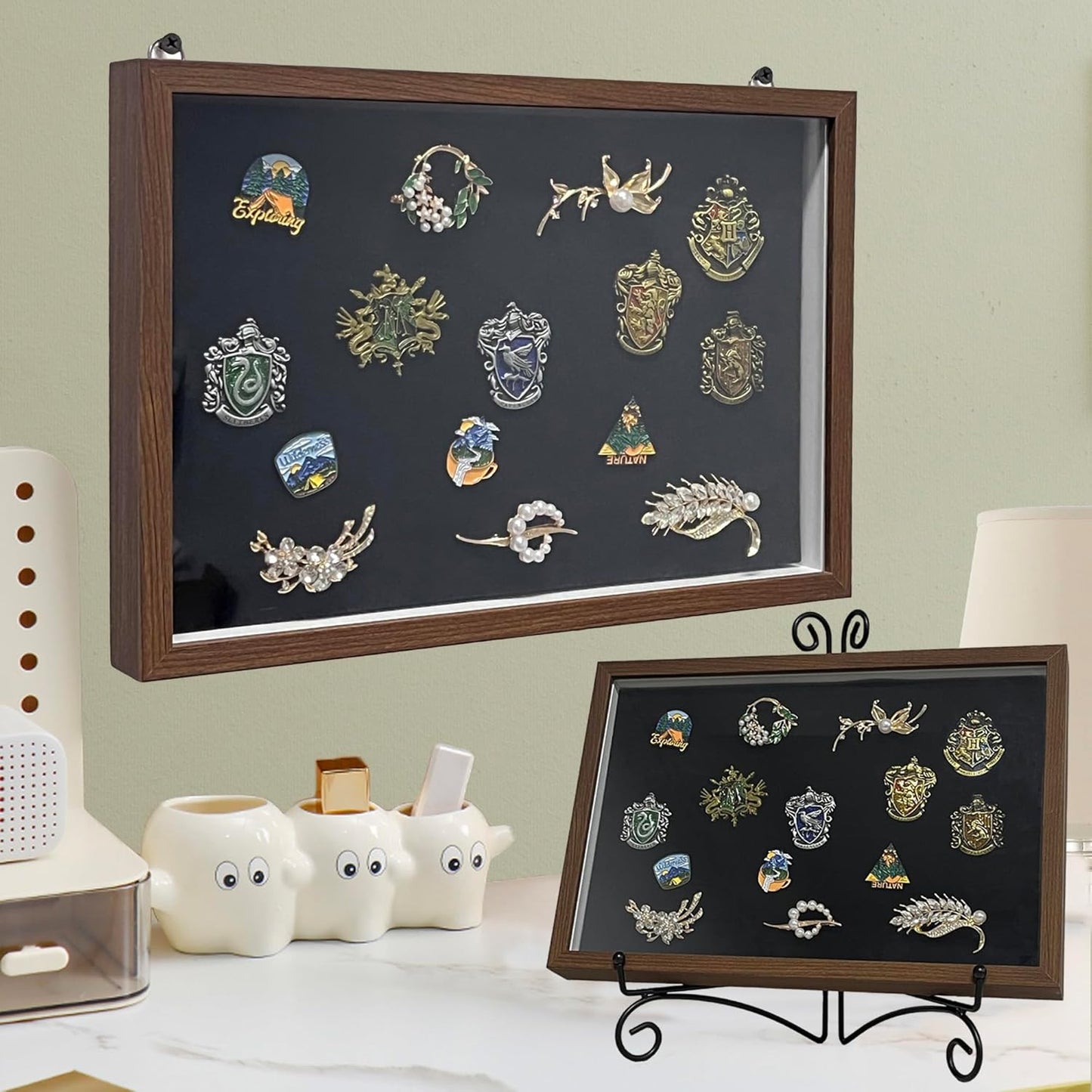 Shadow Box Pin Display Case with Tabletop Display Stand for Medal & Jewelry Pin Collection, Wall Mounted or Desktop Display Box with Sliding Acrylic Door, 12.6 x 8.7 x 1.26 inches, Brown Wood Frame