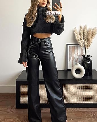 Black Faux Leather Pants for Women High Waisted Flare Leggings Straight Wide Leg Pleather Pants with Pockets size S