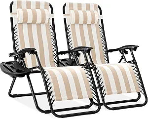 Best Choice Products Set of 2 Adjustable Steel Mesh Zero Gravity Lounge Chair Recliners w/Pillows and Cup Holder Trays - Tan Striped