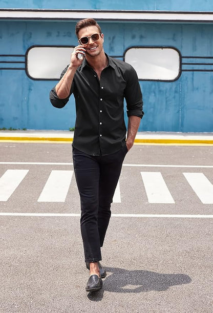 COOFANDY Mens Casual Button Down Shirts Long Sleeve Untucked Shirts for Men Stretch Dress Shirt size L