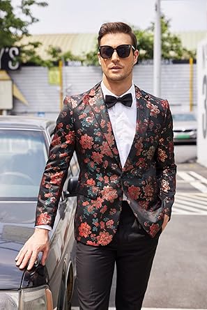 COOFANDY Mens Floral Tuxedo Jackets Slim Fit Suit Blazer Jacket for Wedding Dinner Prom size M