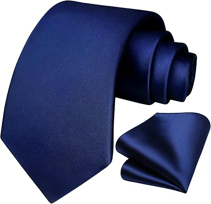 Mens Solid Navy Blue Tie Classic 3.4" width Necktie and Pocket Square Set with Gift Box by HISDERN,Navy Blue,One Size