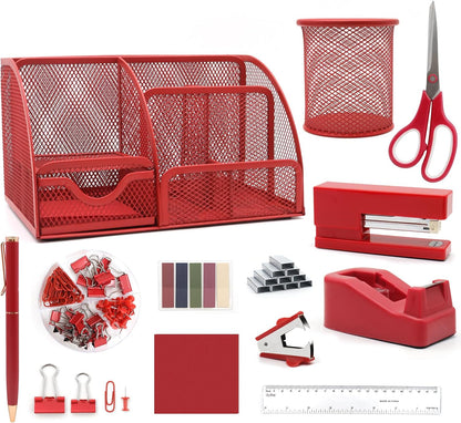 12 in 1 Red Desk Organizers and Accessories, Office Supplies Set Gifts for Coworkers, Office Supplies Include Stapler Pen Holder Tape Holder Staples Scissors Ruler Staple Remover for Home School