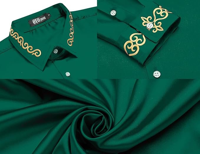 Men's Luxury Satin Dress Shirt Shiny Embroidery Silk Long Sleeve Button Up Shirts Prom Wedding Party ShirtSize L