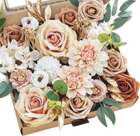 MISSPIN Artificial Flowers DIY Box Set Fake Roses Bouquet Bridal Wedding Flowers Colorful Centerpiece Table Decorations Boho Faux Floral with Stems Arrangements for Cake Home Party Indoor Outdoor