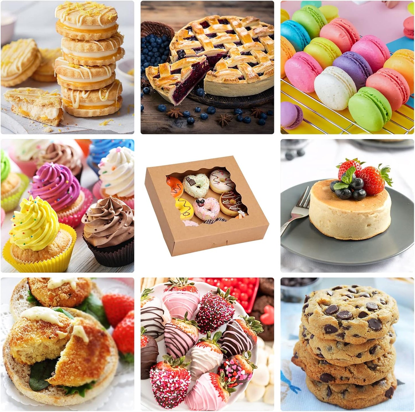 Moretoes 38pcs Pie Boxes, 10x10x2.5 Inches Auto-Popup Bakery Boxes with Window for Cookies, Treats, Cake, Pies, Chocolate Covered Strawberries, Macarons, Donuts, Muffins