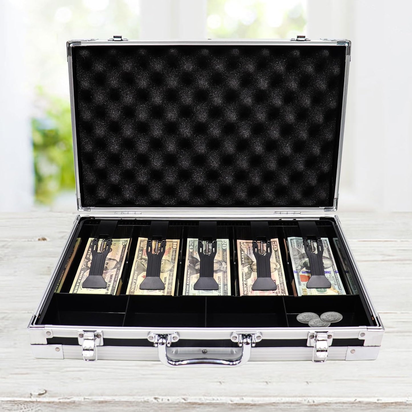 Large Cash Box with Money Tray, Lockable Money Box for Cash, Large Cash Organizer with 5 Compartment Spring-loaded Cash Trays and 4 Coin Trays