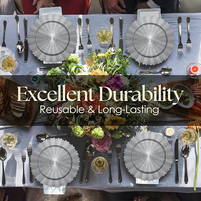 Silver Charger Plates Set - 13” Vintage Plastic Dinnerware Set - Reusable Elegant Serving Plates for Parties, Weddings and Events Set Of 6