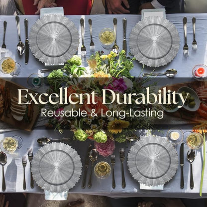 Silver Charger Plates Set - 13” Vintage Plastic Dinnerware Set - Reusable Elegant Serving Plates for Parties, Weddings and Events Set Of 6