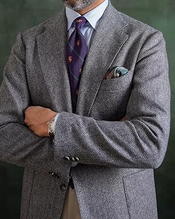 Mens Herringbone Tweed Blazer Men Vintage Suit Jacket Lightweight 2 Button Business Sport Coat Jackets Size XL