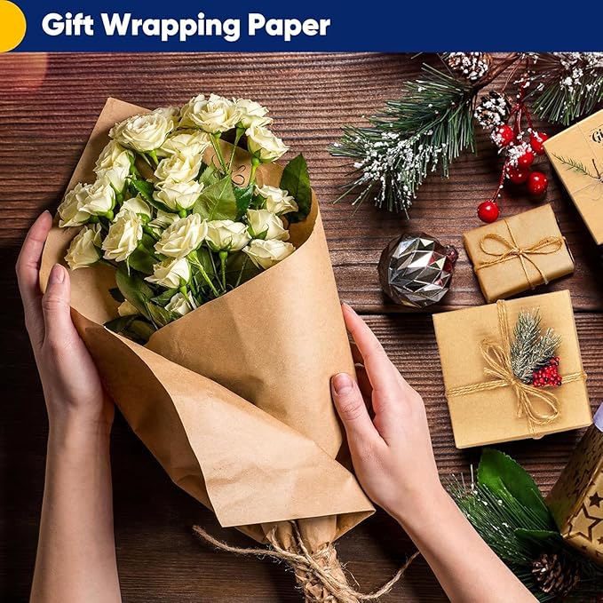 Vanhench 15"x 1200"(100') Brown Wrapping Paper, Craft Paper, Kraft Paper, Gift Wrapping Bulletin Board Arts & Crafts, Bouquet Flower Table Covering Poster Packing Shipping Moving Supplies