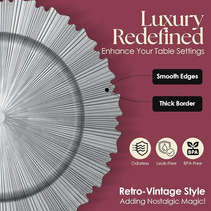 Silver Charger Plates Set - 13” Vintage Plastic Dinnerware Set - Reusable Elegant Serving Plates for Parties, Weddings and Events Set Of 6