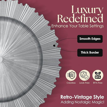 Silver Charger Plates Set - 13” Vintage Plastic Dinnerware Set - Reusable Elegant Serving Plates for Parties, Weddings and Events Set Of 6