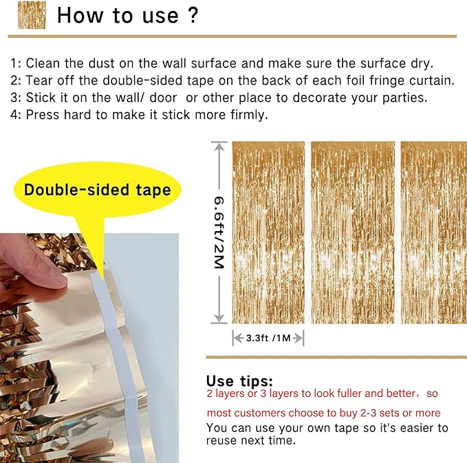 Gold Metallic Tinsel Foil Fringe Curtain, 3 Pcs 3.3ft x6.6ft Photo Booth Backdrop Streamer Curtains&Photo Booth Props, Party Decorations for Bachelorette Graduation Wedding Birthday (Gold)