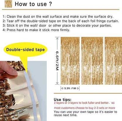 Gold Metallic Tinsel Foil Fringe Curtain, 3 Pcs 3.3ft x6.6ft Photo Booth Backdrop Streamer Curtains&Photo Booth Props, Party Decorations for Bachelorette Graduation Wedding Birthday (Gold)