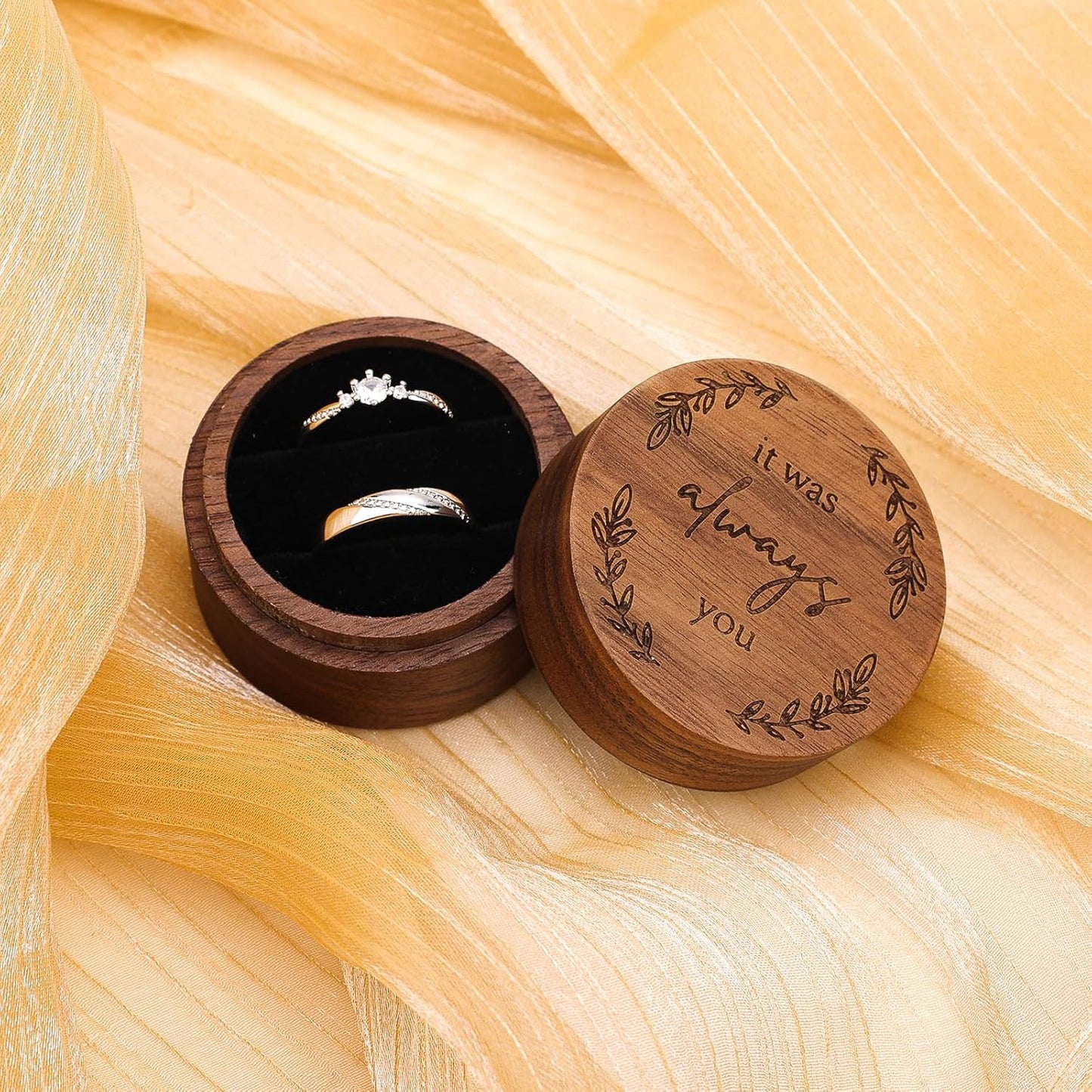 Wooden Ring Box, Round Wood Ring Boxes Romantic Rustic Small Engagement Ring Box Jewelry Holder Storage Case for Proposal Wedding Ceremony Anniversary Birthday Gift