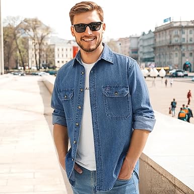 Mens Denim Shirt Long Sleeve Jean Work Shirts Regular Fit Button Down Shirts with Pockets  No size
