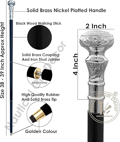 Vintage Antique Walking Cane Wooden Walking Stick Silver Brass Handle Knob Gift