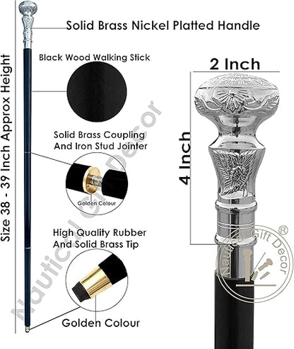 Vintage Antique Walking Cane Wooden Walking Stick Silver Brass Handle Knob Gift