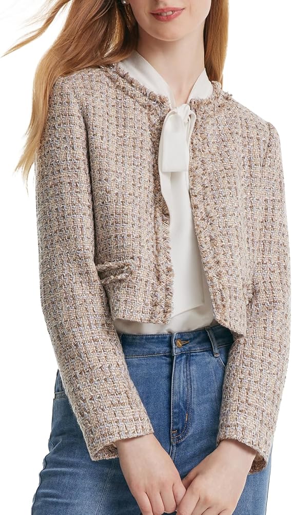 GOELIA Tweed Cropped Blazer Jacket for Women Open Front Long Sleeve Slim Fit Business Casual Blazer Size M