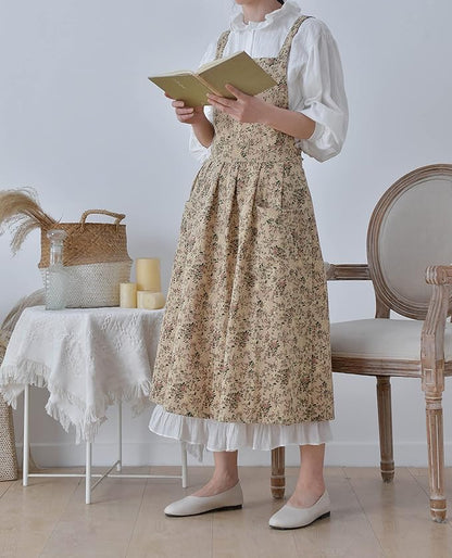 Pinafore Apron Dress，Japanese Cotton Linen Cross Back Apron for Women with Pockets，Pinafore Dress with Waist Ties (Brown flower) didn't find size on picture