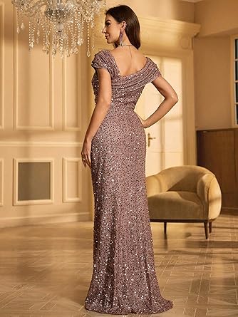 Women's Asymmetrical Neckline Pleated Shimmering Evening Dress Size S