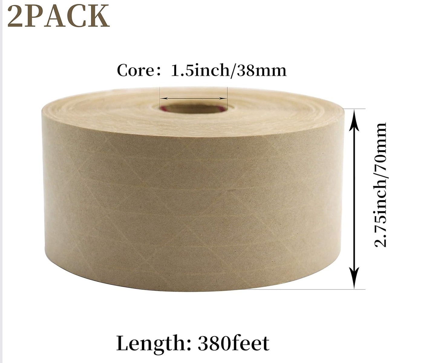 BOMEI PACK Reinforced Water Activated Gummed Kraft Paper Tape, 2 Pack 2.75 inch x 380 ft, for Heavy Duty Secure Packing Shipping