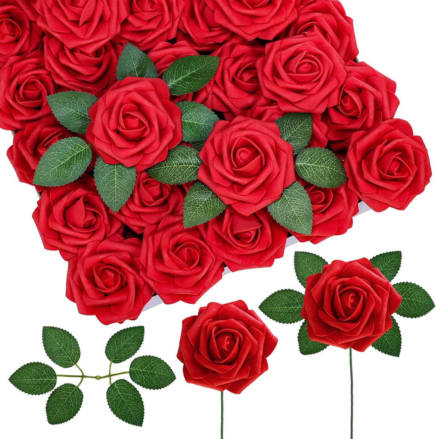 Winlyn 50 pcs Real Touch Red Roses with Stems & Silk Leaves - Bulk Artificial Flowers for Weddings Centerpieces Floral Arrangement Party Decorations Baby Showers Birthday Anniversaries DIY Crafts