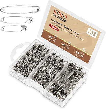 XKDOUS Safety Pins - 150 Pcs Assorted Sizes Silver Pins Bulk - Small & Large Heavy Duty for Clothes, Sewing, Craft