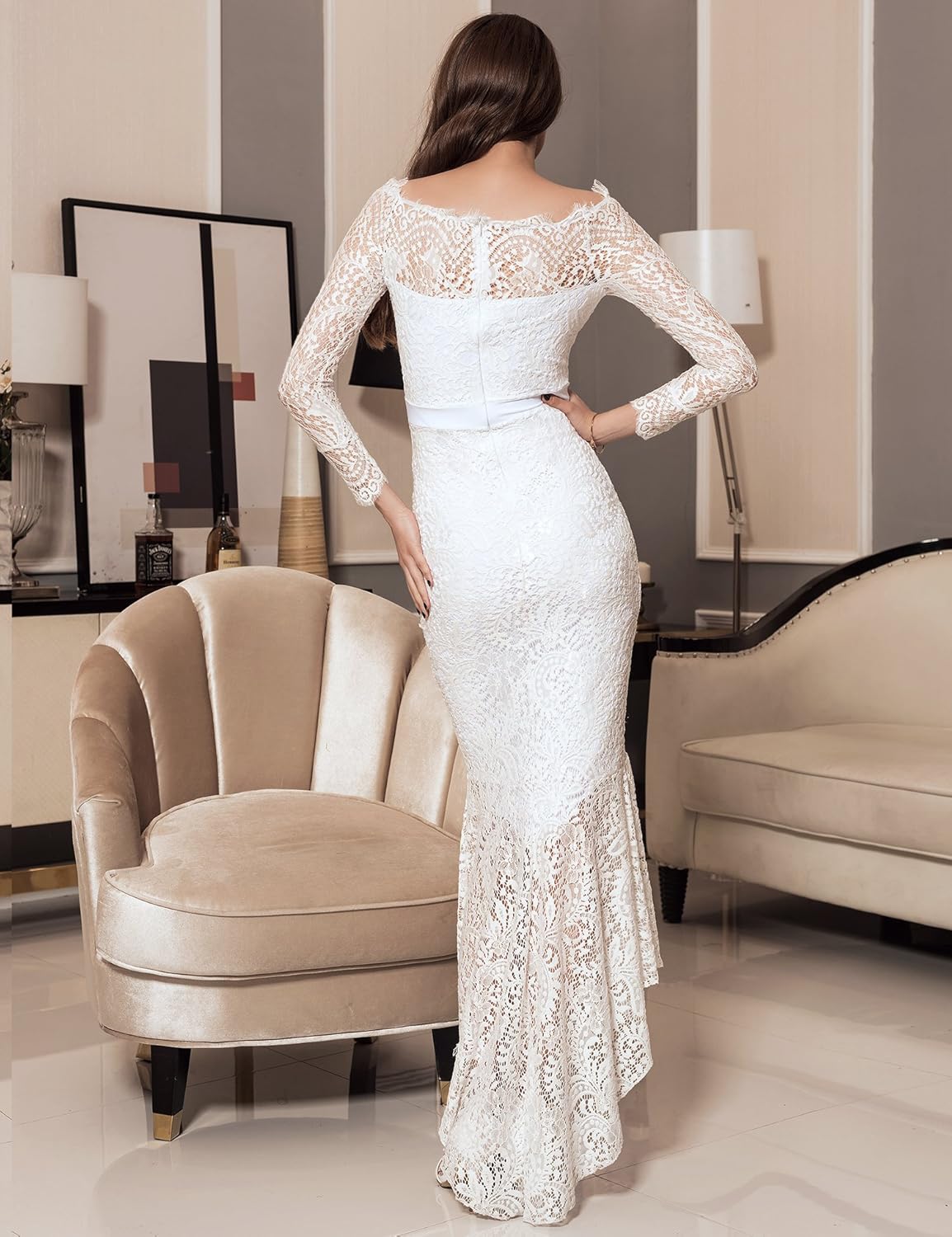 Women Solid Formal Lace Maxi Dress Long Sleeve Off Shoulder Elegant Party Gown Mermaid Dress size no