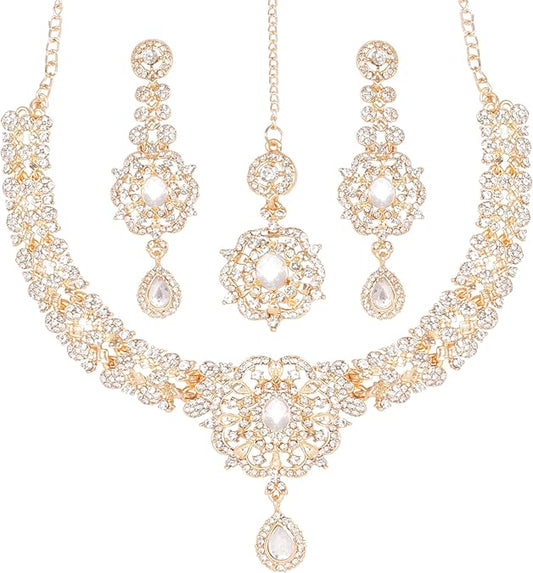 Touchstone Indian Bollywood Desire Enchanting Floral Diamond Studded Look Rhinestone Bridal Designer Jewelry Necklace Set In Gold or White Tone For Women.