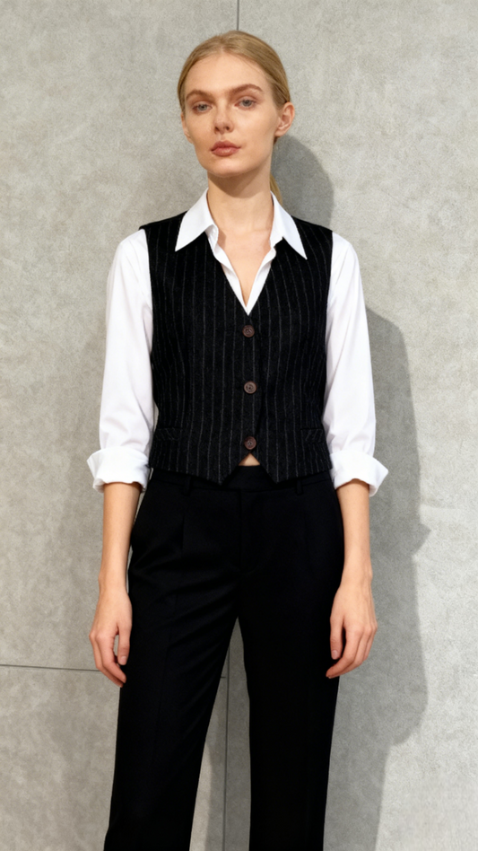 Jeovuanun Womens Striped Button Dressy Vest Jacket Casual Stretchy OL Fitted Tuxedo Suit Waistcoat  Size M