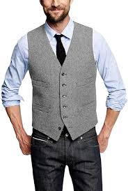 Adhdyuud Mens Suit Vest Wool Herringbone Tweed Business Waistcoat Slim Fit Vests For Groosmen Wedding  Size L