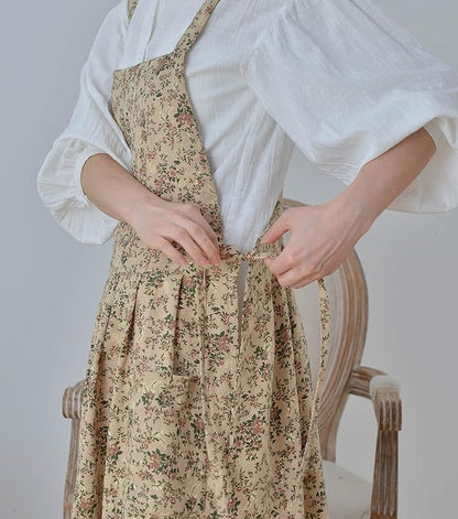 Pinafore Apron Dress，Japanese Cotton Linen Cross Back Apron for Women with Pockets，Pinafore Dress with Waist Ties (Brown flower) didn't find size on picture
