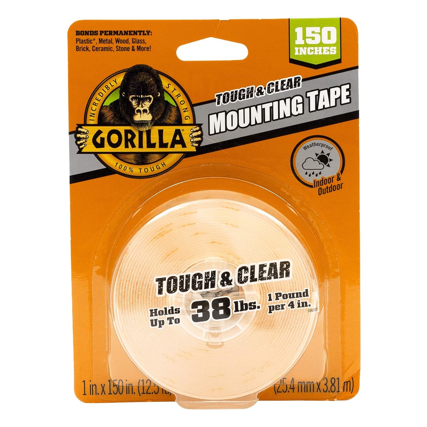 Gorilla Tough & Clear Double Sided Mounting Tape, Clear Tape, 1" x 150" (Pack of 1) - Weatherproof for Indoor or Outdoor