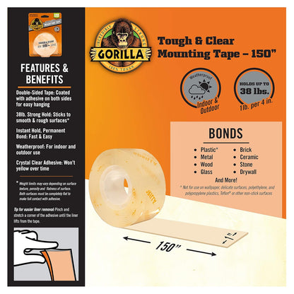 Gorilla Tough & Clear Double Sided Mounting Tape, Clear Tape, 1" x 150" (Pack of 1) - Weatherproof for Indoor or Outdoor