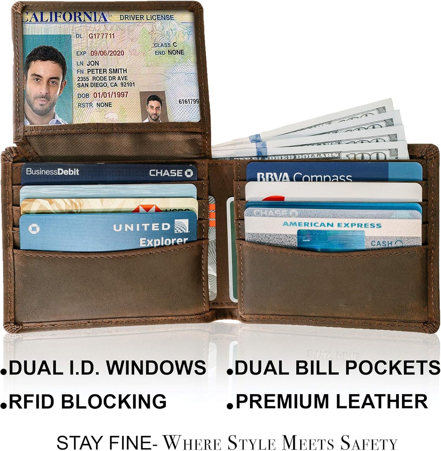 Mens Leather Slim Bifold Wallet | RFID Blocking with 2 ID Windows | By Stay Fine