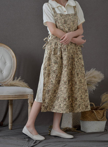 Pinafore Apron Dress，Japanese Cotton Linen Cross Back Apron for Women with Pockets，Pinafore Dress with Waist Ties (Brown flower) didn't find size on picture