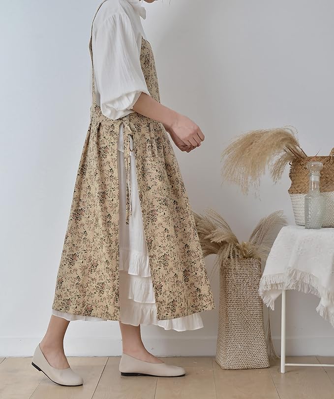 Pinafore Apron Dress，Japanese Cotton Linen Cross Back Apron for Women with Pockets，Pinafore Dress with Waist Ties (Brown flower) didn't find size on picture