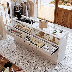 Hitow Display Cabinet Island with Glass Top and Front, Walk in Closet Organizer with Lockable Drawer and Shelves, Shop Display Case, Walk in Wardrobe Furniture, Living Room Storage, White