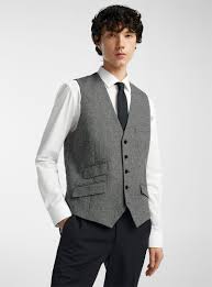 Adhdyuud Mens Suit Vest Wool Herringbone Tweed Business Waistcoat Slim Fit Vests For Groosmen Wedding  Size L