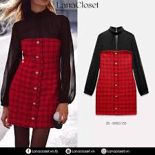 HH TRAF 2024 Women's Long Dress, Red, Plaid, Round Neck, Long Sleeves, Single Breasted, Decoration, Zipper, Autumn Dress for Women, Fashion Size S