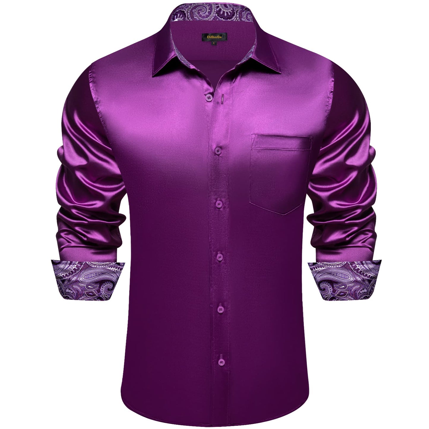 Tuxedo Shirt Palatinate Purple Solid Satin Silk Button Up Long Sleeve Shirt for Men, size L