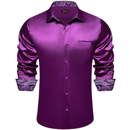 Tuxedo Shirt Palatinate Purple Solid Satin Silk Button Up Long Sleeve Shirt for Men, size L