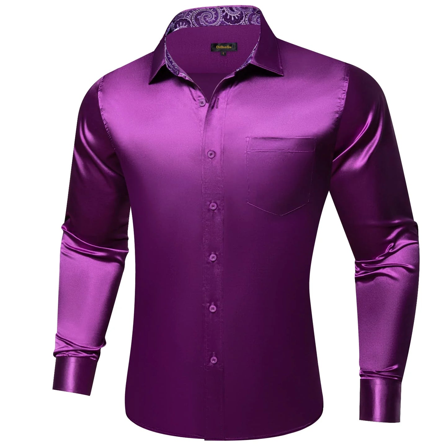 Tuxedo Shirt Palatinate Purple Solid Satin Silk Button Up Long Sleeve Shirt for Men, size L