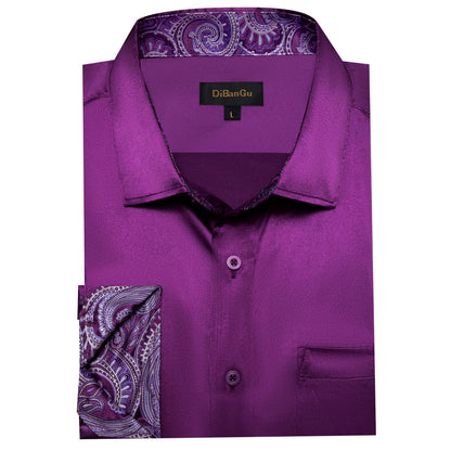 Tuxedo Shirt Palatinate Purple Solid Satin Silk Button Up Long Sleeve Shirt for Men, size L